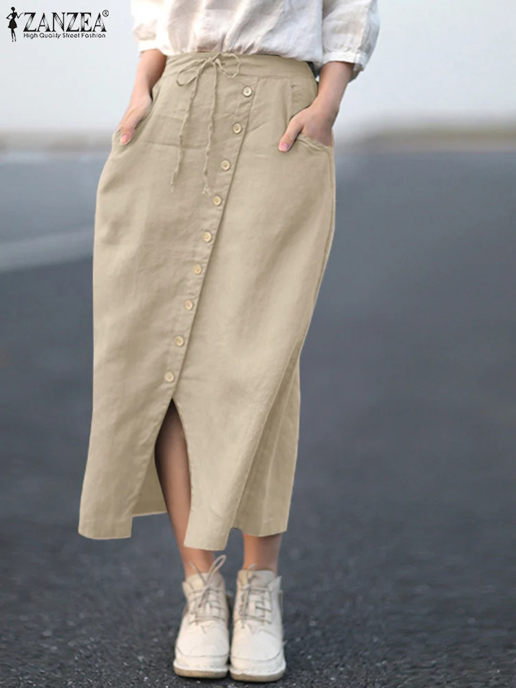 ZANZEA Women Retro Midi Skirt Autumn Elastic Waist Vintage Solid Color Long Jupe Pure Cotton Loose Casual Button Up Faldas Mujer