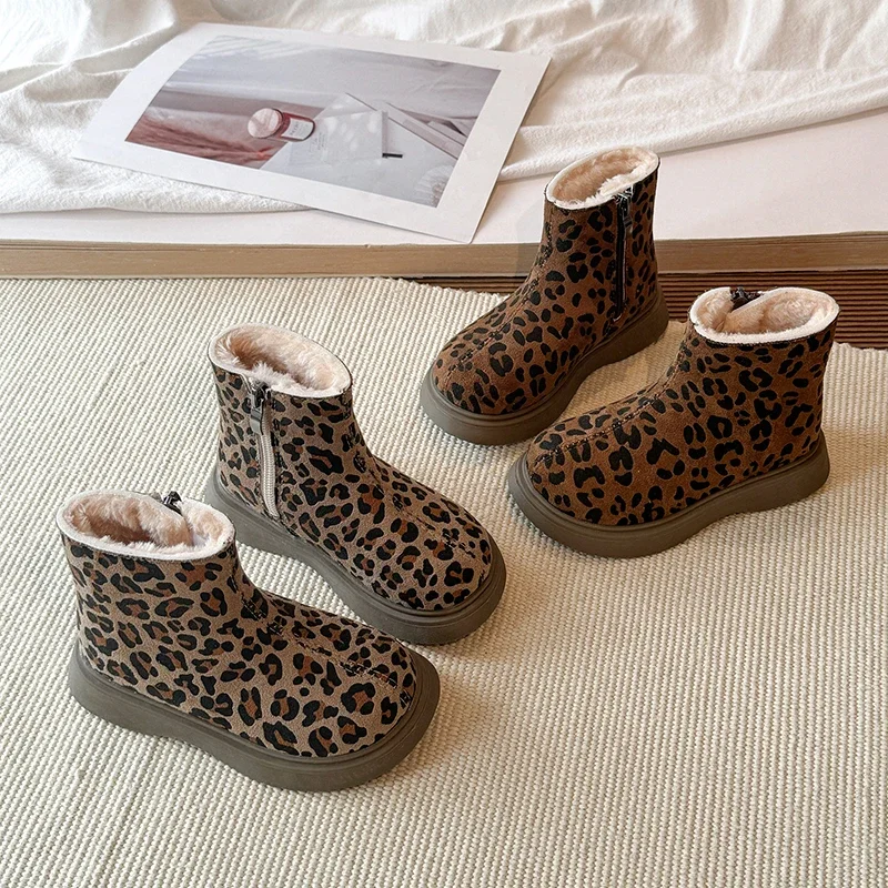Little Kids Leopard Winter Boots, Faux Suede Plush Lined Inner Zipper Non-Slip Chunky Sole Warm Boots