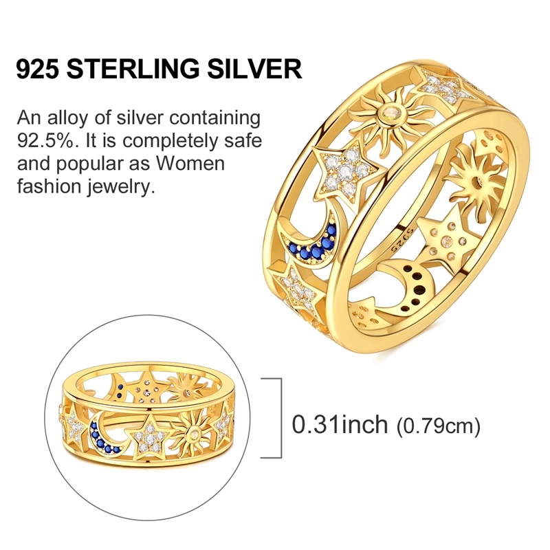 Women's 925 Silver Sun Moon Stars Ring, Sparkling Design