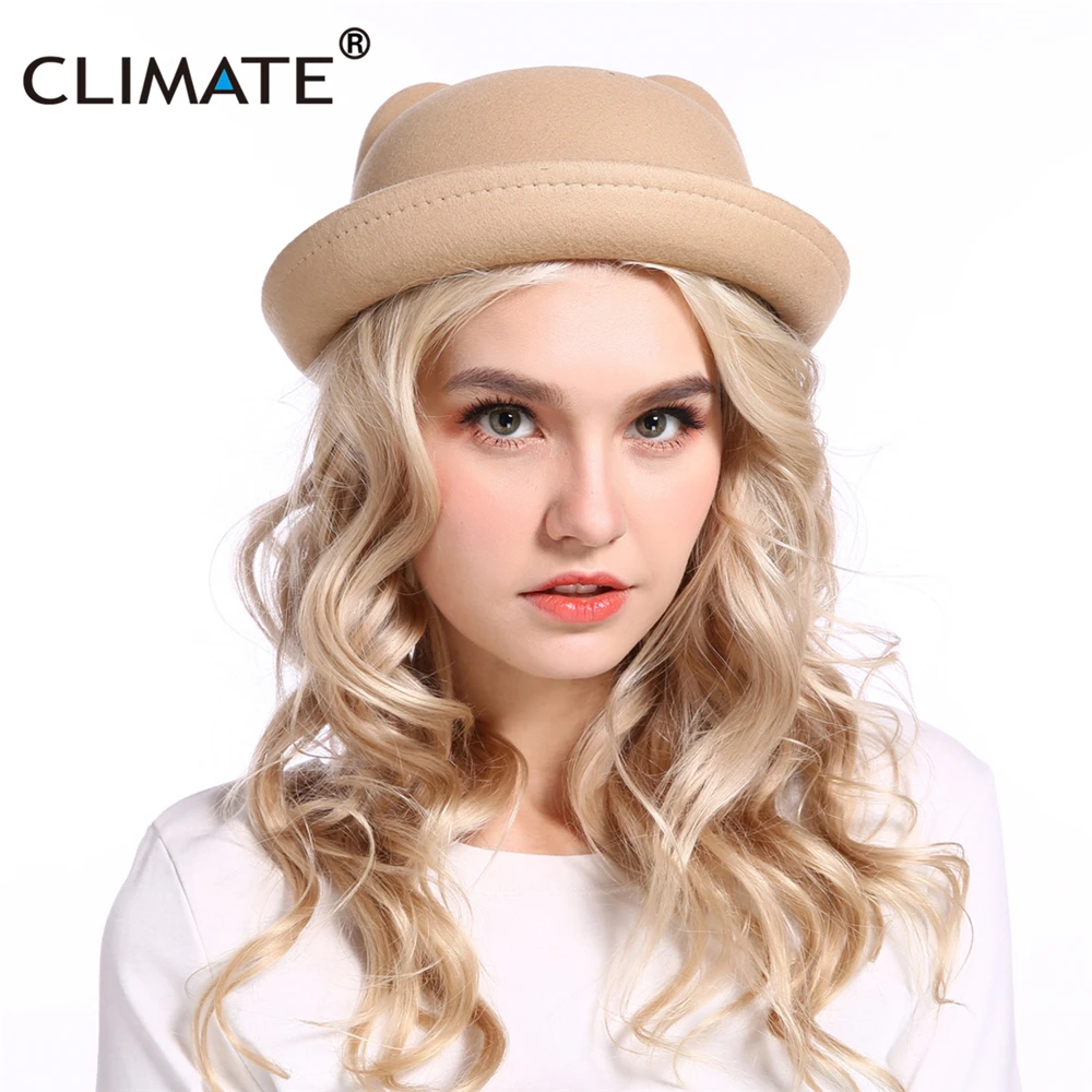 CLIMATE Women Cute Fedora Hat Hats for Woman Lovely Cat Ear Fedoras Fascinator Girls Cap Cute Fashion Polyester Woolen Cap Hat