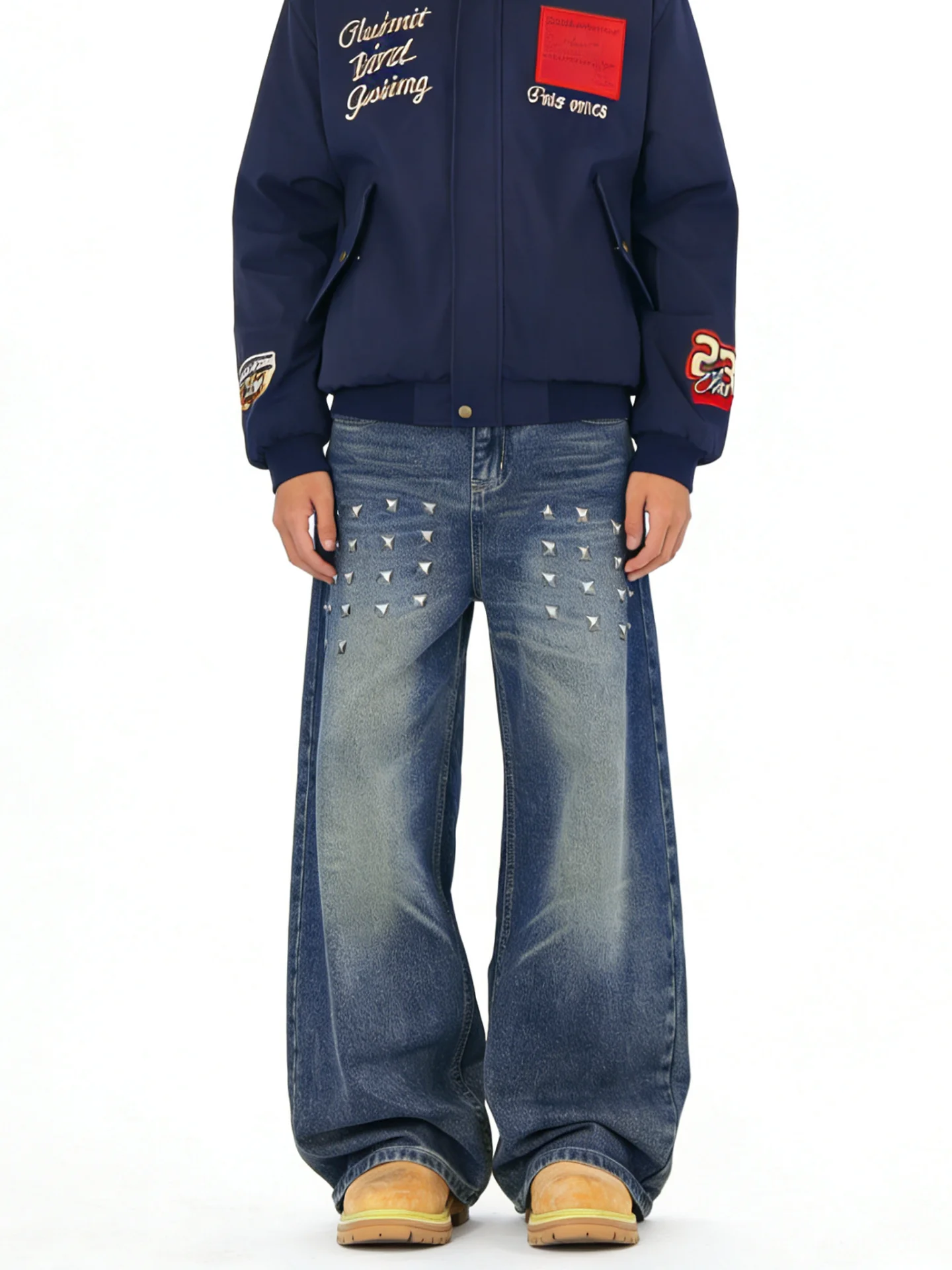 

Retro Washed Men's Denim Jeans High Street Style Faded Design Loose Wide Leg Micro Flared Pants Straight Tube Fit
