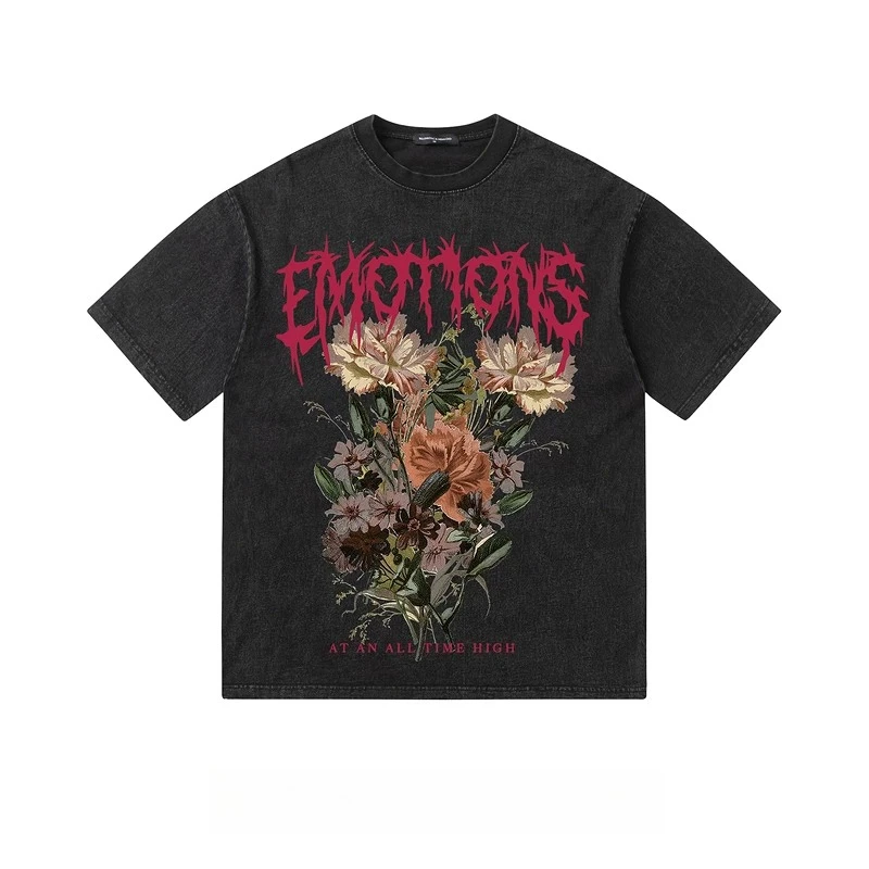 2026 Summer New Pink Brown Green Black Blue Washed Floral Print Gothic Letter Round Neck Short Sleeve Streetwear Casual Tops Men