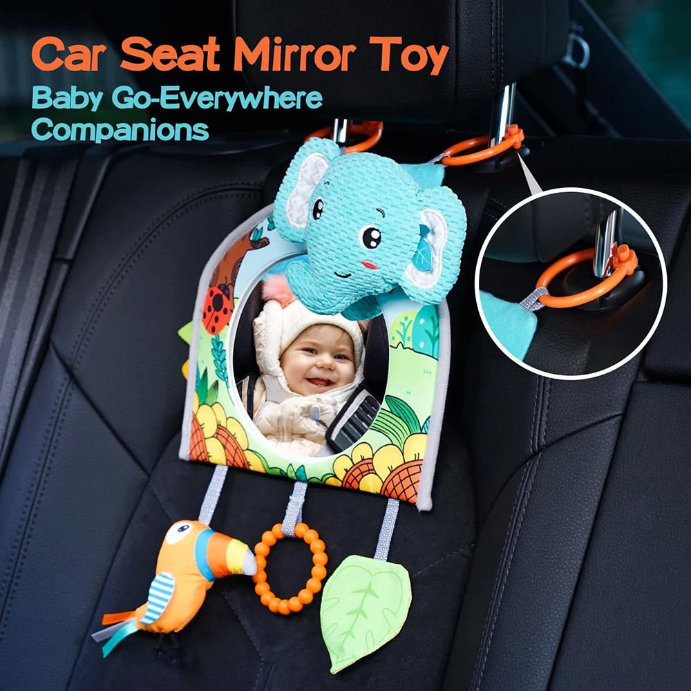 Baby Mirror Car Seat Toys Rear Teether and Crinkle Pape Fun Travel Infant Tummy Time Toys Babies Carseat Toy for Newborns Gifts