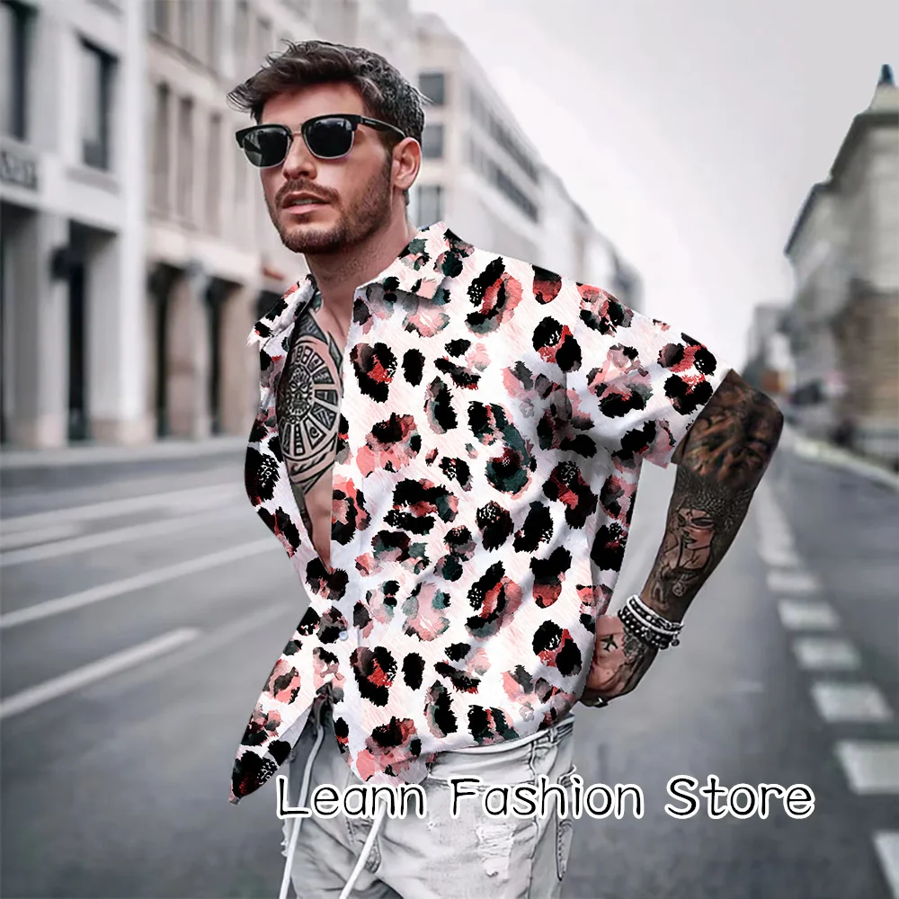 Men Summer Colorful Leopard Shirt Male Fashion Daily Short Sleeve Clothing Luxury Streetwear Casual Hawaiian Vacation Shirt