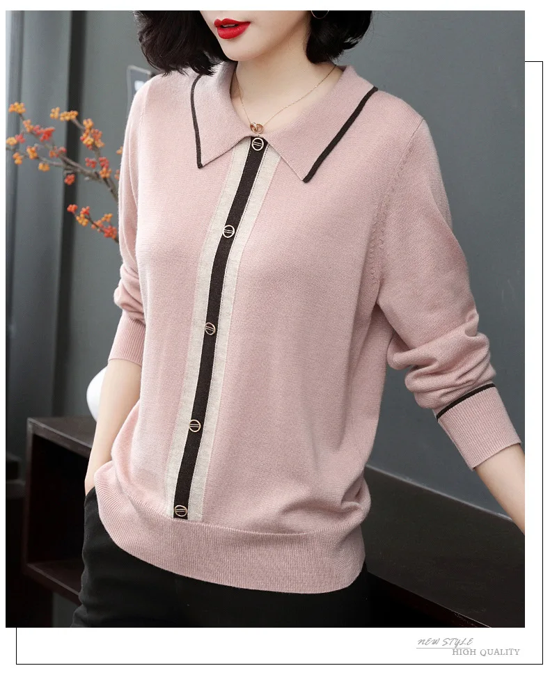 Knitted Women's Slim Polo Collar Top Spring Autumn New Vintage Middle Aged Mother Long Sleeve Bottom Sweater Elegant Pullovers