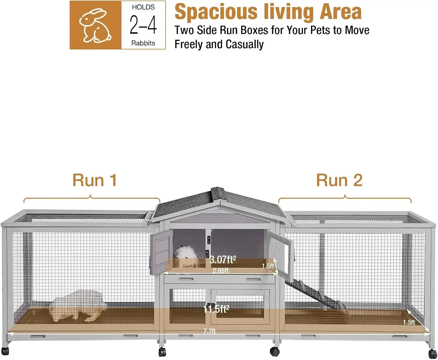 Rabbit Hutch Guinea Pig Cage with Double Run Indoor Bunny Hutch Outdoor Rabbit House with Deeper No Leak Trays and Wheels