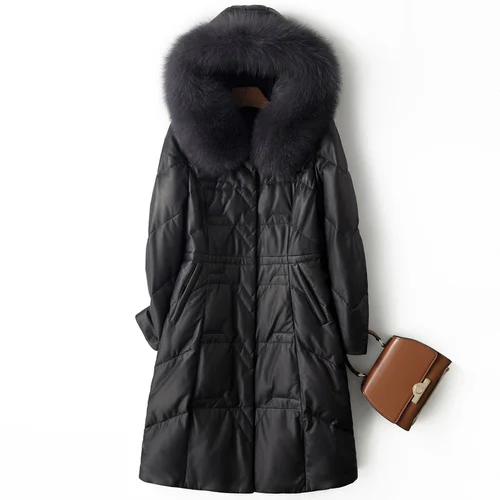 

2023 Genuine Leather Duck Down Jacket Winter Women's Sheepskin Coat Hooded Fox Fur Puffer Jackets Manteau Femme Gxy1276