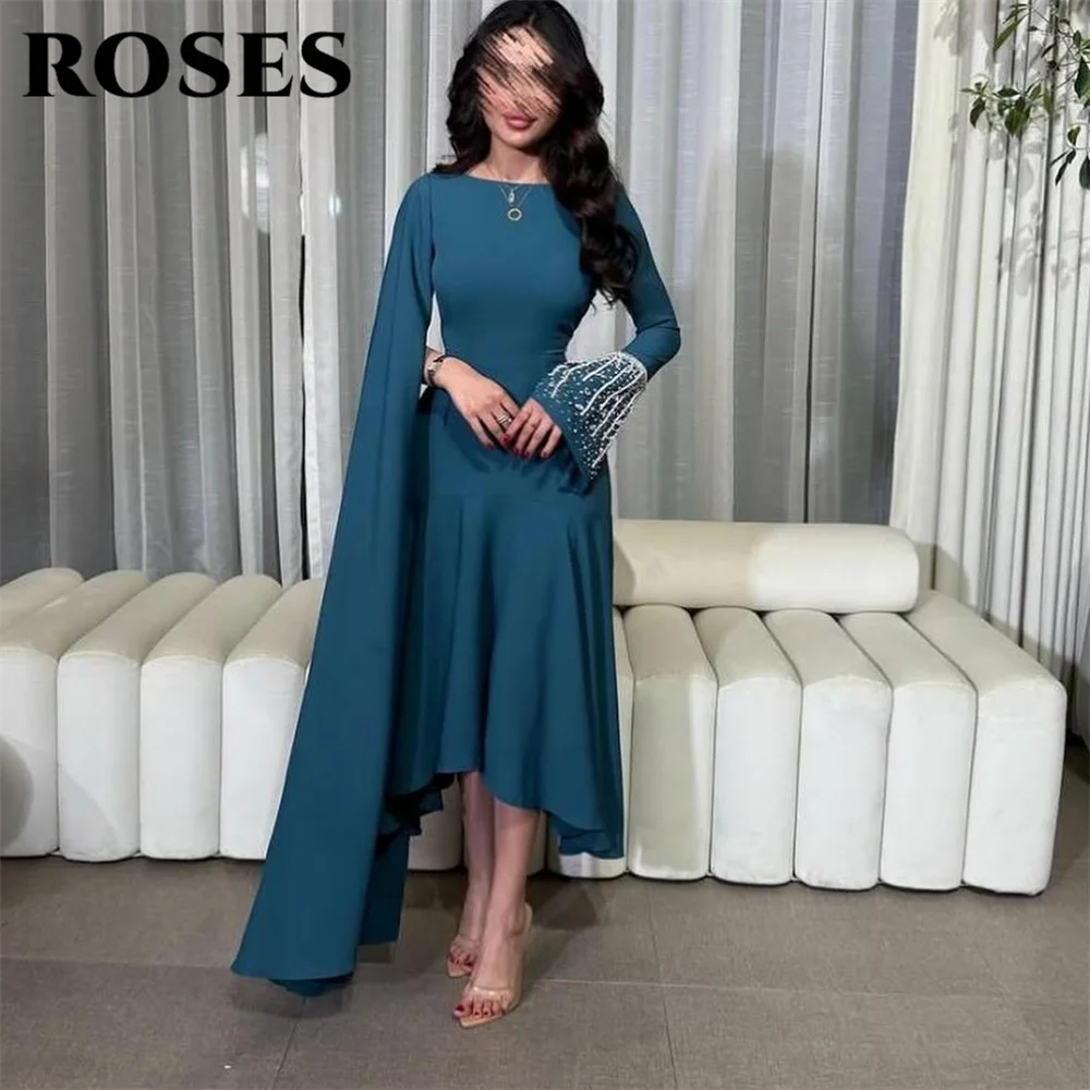 

ROSES Blue A-Line Prom Dress Regular Sleeve with Pleats Celebrity Dress Women's Evening Dress Sequins Formal Gowns Customized