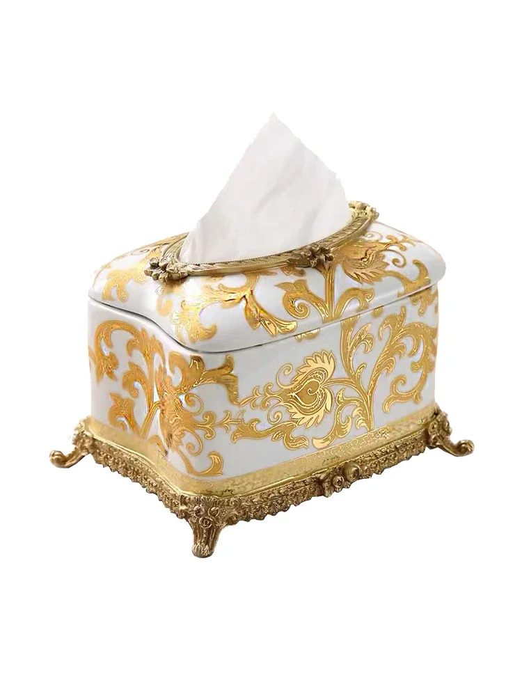 Luxury ceramics with copper wrapped porcelain tissue box light luxury villa soft retro inlaid copper drawer decoration