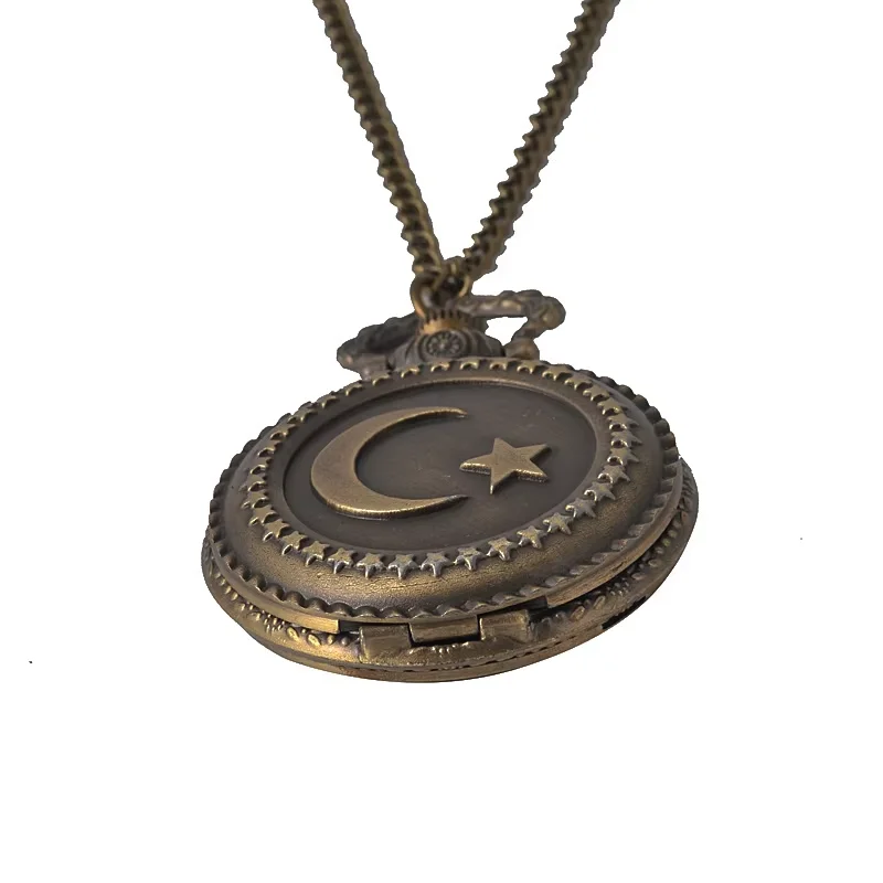 8113New large size quartz pocket watch bronze moon star pattern classic flip pocket watch with necklace