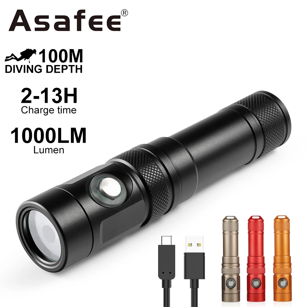 Asafee 100M Diving Flashlight SST20 LED 1000LM 100M Underwater IPX8 Waterproof Lamp Bulit-in Battery Rechargeable Torch