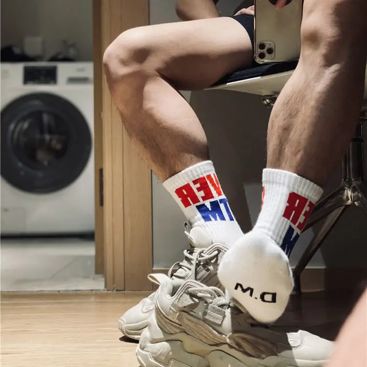 

1pair Fashion White Color Letter Socks Gay Top Vers Sexy Men Sports Long Tube Football Streetwear Socks Comfortable Socks