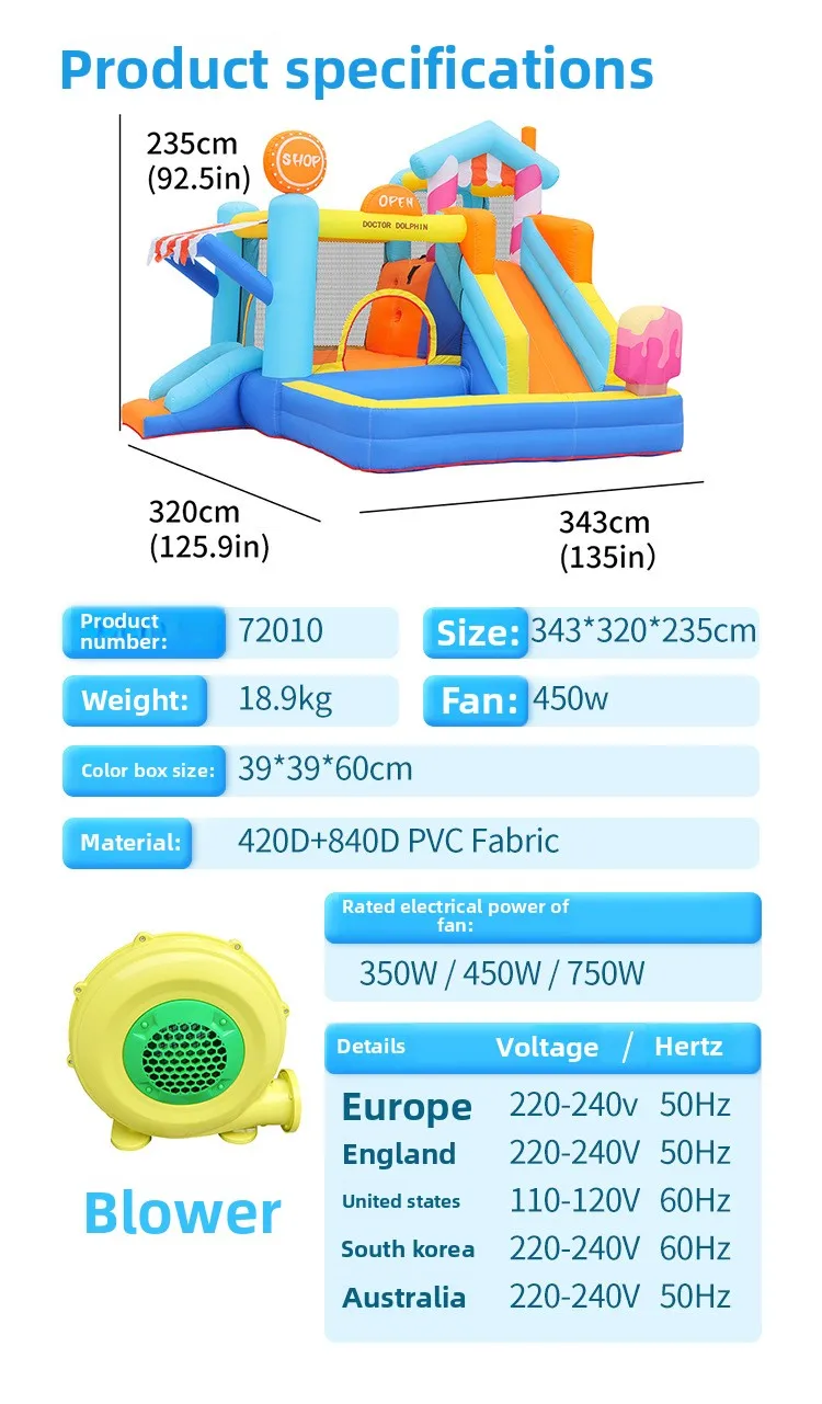 บ้านลมเด็ก ด็อกเตอร์ดอลฟิน ผ้าอ็อกซ์ฟอร์ด พร้อมสไลเดอร์ แทรมโพลีน สำหรับเล่นกลางแจ้ง ขนาดเล็ก กันลื่น