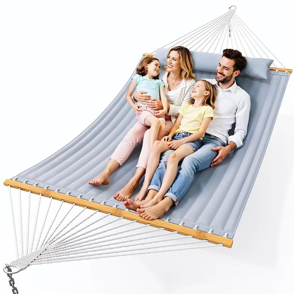 

Double Hammo With Spreader Bar,Soft Pillow,Max Load 500Lbs,Portable Hammo For Outdoor,Camping,And Backyard,Dark Gray