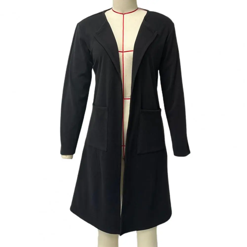 Manteau mi-long pour femme, col à revers, poche pour document, manches longues, veste décontractée élégante pour femme, vêtements d'extérieur monochromes, automne et hiver