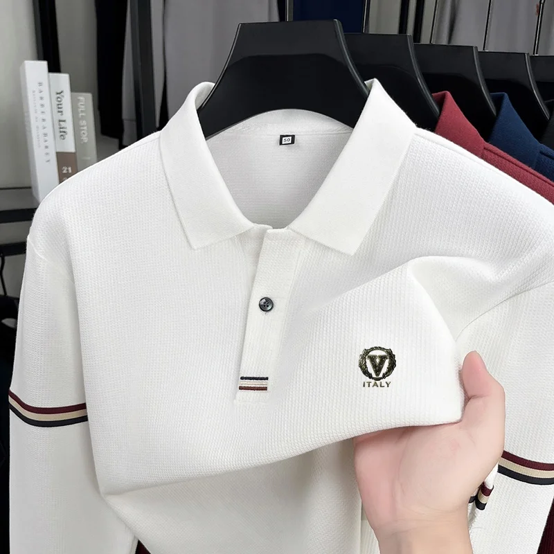 

Luxury Quality Men's Polo Shirt Striped Placket Embroidered Letter Print Long Sleeve Autumn Lapel T-Shirt Business Menswear Top
