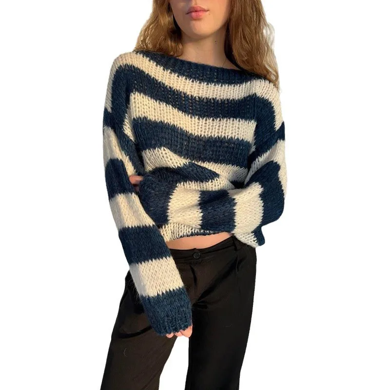 2025 hiver nouveau pull femmes col rond rayé ample paresseux polyvalent à manches longues tricoté pull