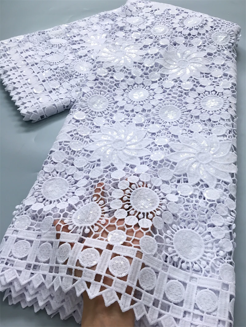 White Guipure Cord Lace African Lace Fabric High Quality Water Soluble Sequins Fabric Embroidered For Women Dresses,2.5yards4025