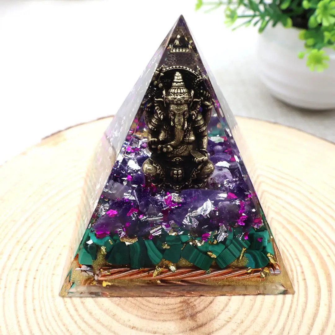 1pc pirâmide de orgona de cristal, estátua de ganesha ganesh em pirâmide de orgone de cristal, pirâmide de orgônio composto de ametista e malaquita