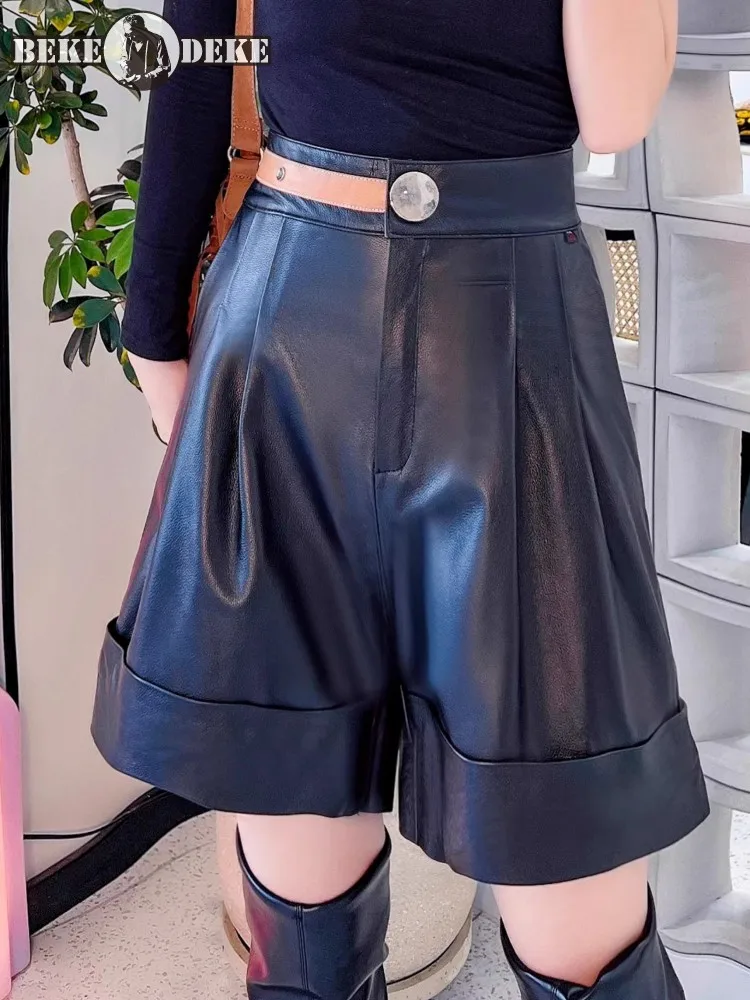 Fashion High Waist Women Wide Leg Shorts Streetwear Versatile Spring Summer Casual Punk Black Cowskin Genuine Leather Shorts