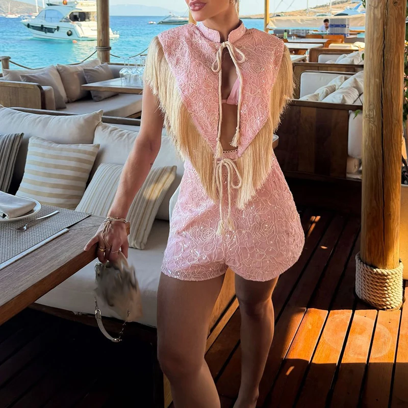 New 2026 Ladies Stand Collar Lace Up Top and Shorts Party Outfit Elegant Jacquard Summer Suit Chic Tassel Women's Two Piece Set
