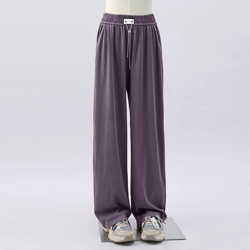 Pantalon en Denim fin et ample pour femmes, décontracté, chaînes de mode d'été, cordon de serrage, taille élastique, pantalon droit en soie glacée, jambes larges