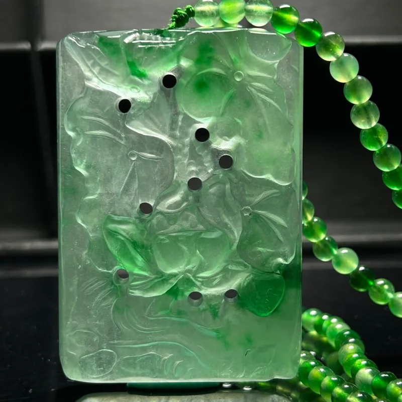 Certified Natural A Perfect High Ice Jade Jadeite Big Pendant&NecklaceFlowers Bloom and Wealth