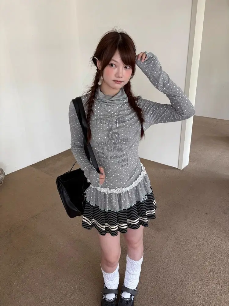 

Deeptown Korean Style Gray T-shirt Women Vintage Polka Dot Long Sleeve Tees Y2k Fashion Lace Patchwork Slim Streetwear T-shirt