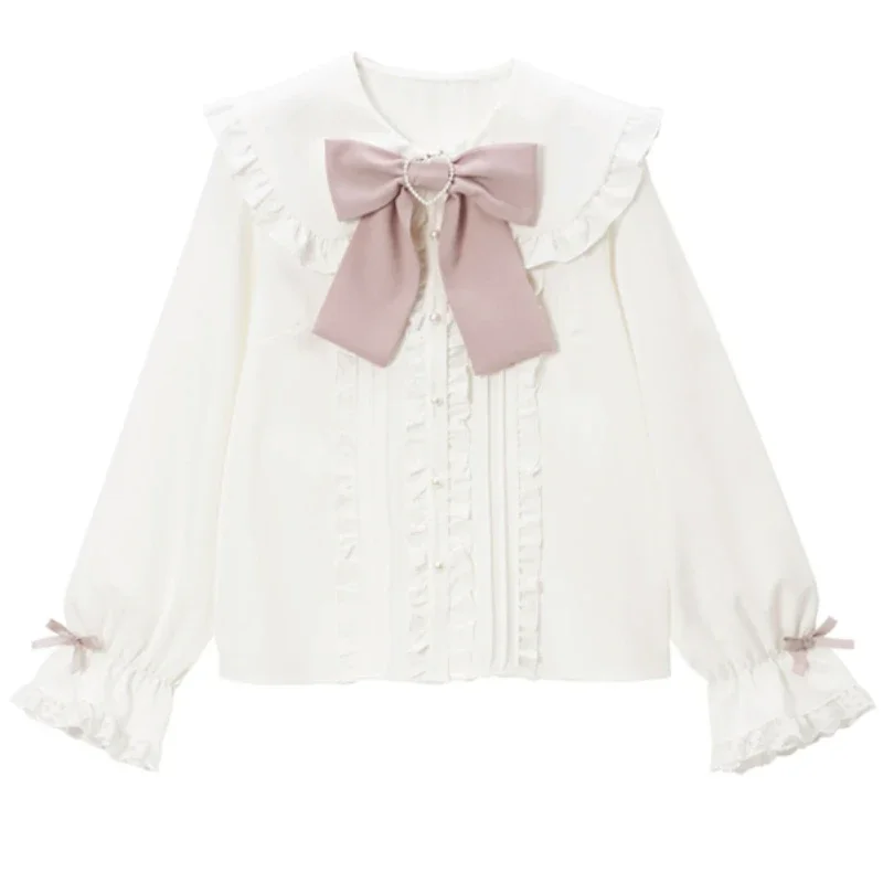 Women Japanese Kawaii Lace Y2k Pink Bow Blouse Ruffle Shirt Harajuku Cute Ladies Tops 2024 Lolita Blusas Femme Camisas Mujer