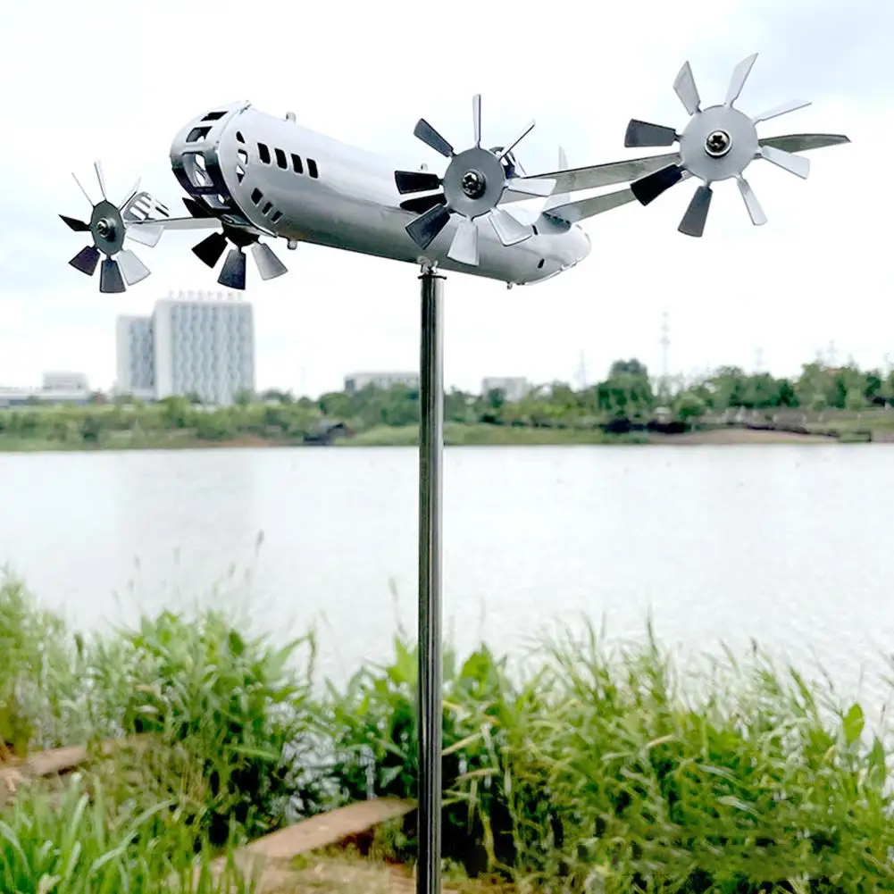 Metal Airplane Windmill 3D Super Fortress Aircraft Windmill Iron Airplane Windmill Sculpture for Outdoor Garden Decoration