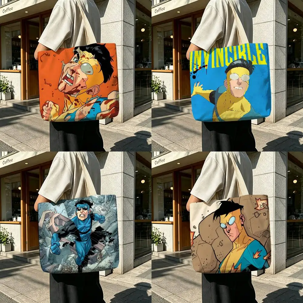 I-Invincible Printed Canvas Tote Bag with Zipper for Work School and Travel