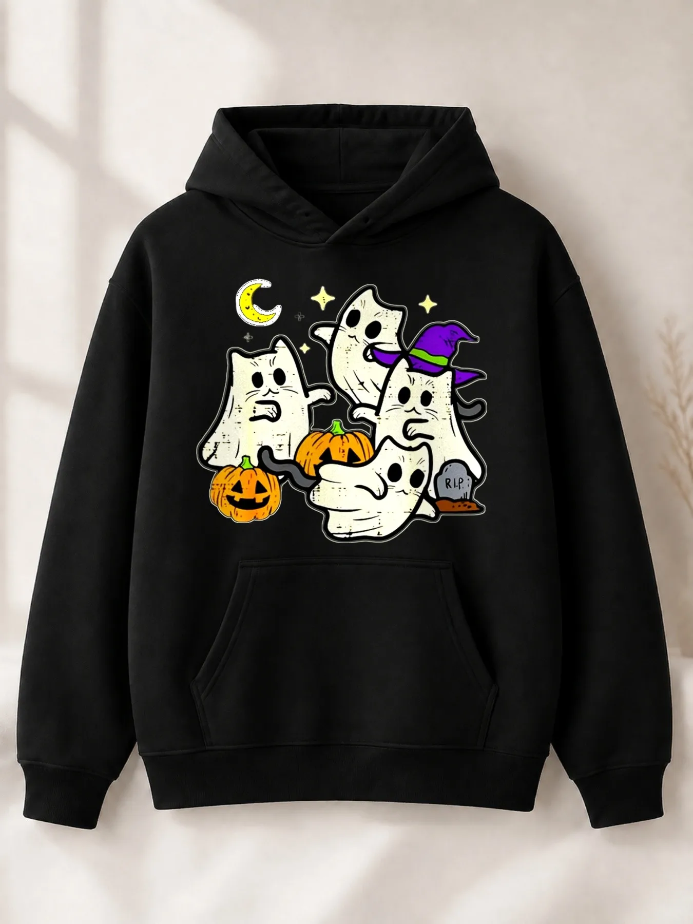 Men's Hoodie with Witch Hat Print - Comfortable Loose-Fit Hoodie, Suitable for Outdoor Wear in Autumn and Winter, Machine Washable Cartoon Pullover, as an Autumn Gift for Men (Halloween Costume Design)