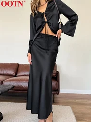 OOTN Black Two Piece Sets Loose Long Sleeve V Neck Women Tops Lace Up Solid Casual Skirt Suits 2024 Autumn Fashion Female Set