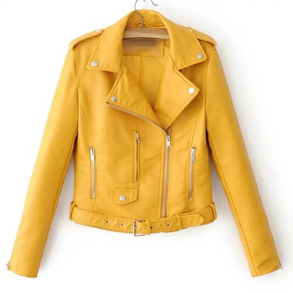 Veste de moto en cuir pour femme, manteau à revers, poche courte, manches longues, fermeture éclair, bouton