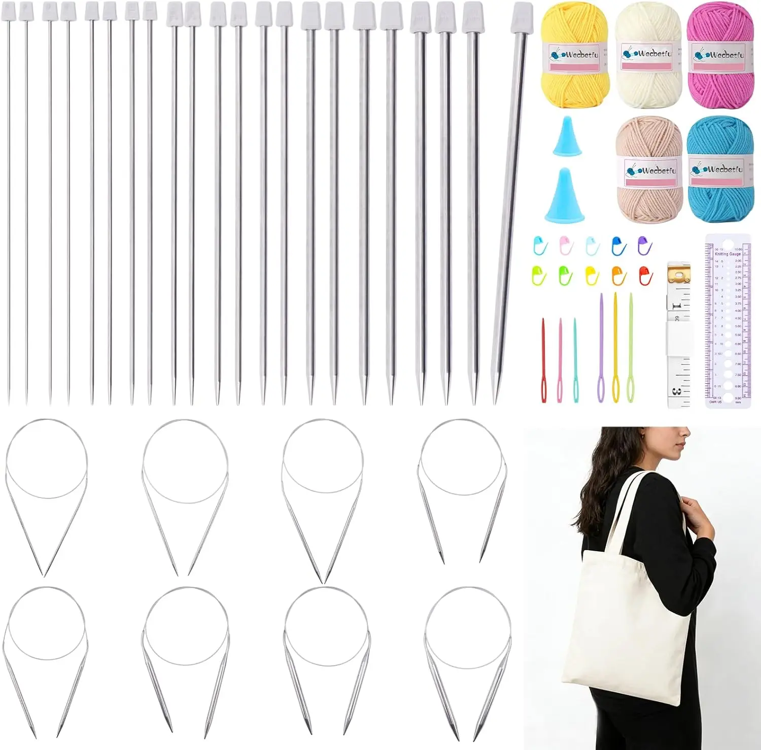 22Pcs 10inch Straight & 8Pcs 32inch Circular Knitting Needles Set with Yarn and Bag for Beginners
