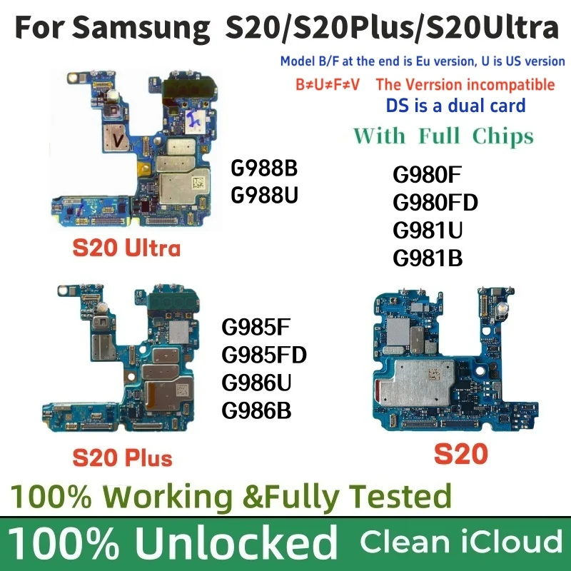 100% Unlocked Motherboard for Samsung Galaxy S20 G980F G981B S20 Ultra G988U G988B S20 Plus 5G G986B G986U Logic Board mainboard