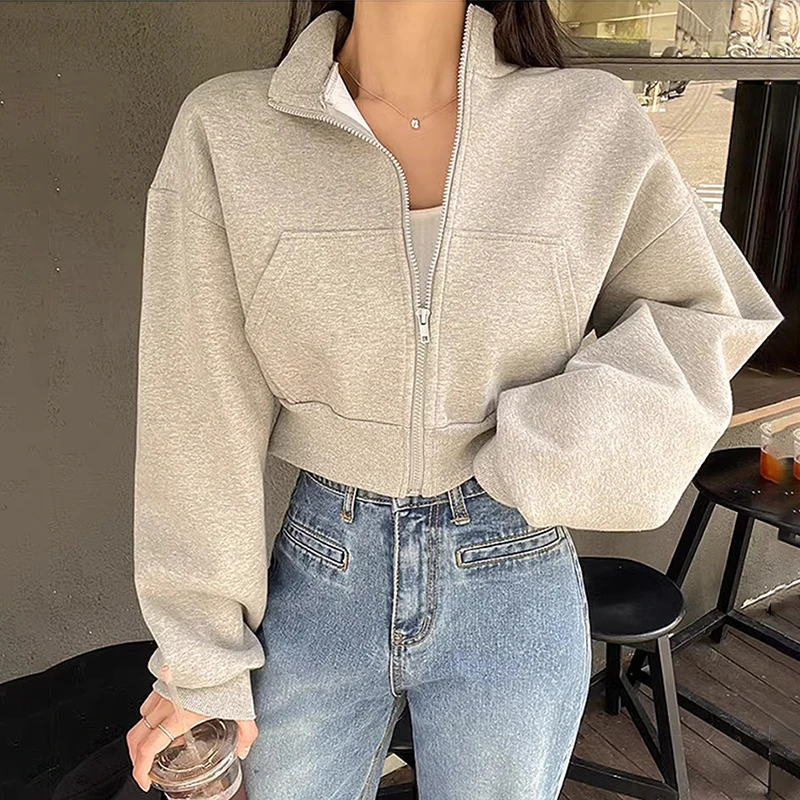 Nomikuma Korea Autumn Zipper Stand Neck Long Sleeve Causal Solid Short Sweatshort Cardigan Coat 2023 Fashion Women Jackets