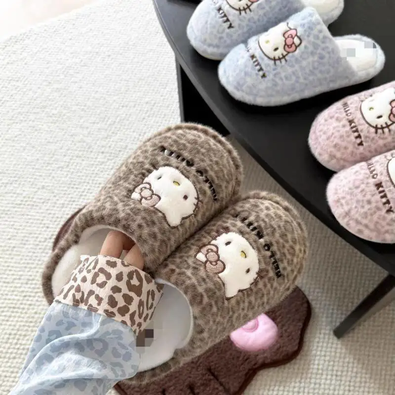 

Sanrio Hello Kitty домашние тапочки с леопардовым принтом для домашнего использования, зимние теплые нескользящие хлопковые тапочки, подарок на день рождения для девочки