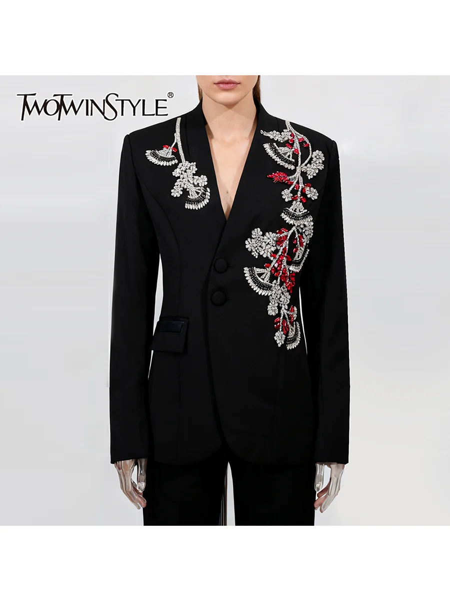 TWOTWINSTYLE الصلبة تقسم حبة زهرة مزاجه الحلل للنساء الخامس الرقبة طويلة الأكمام المرقعة واحدة الصدر السترة الإناث