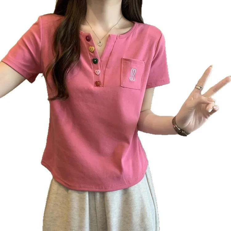 

Plus-size women's summer new pure color button design pocket rabbit pattern casual short-sleeve T-shirt