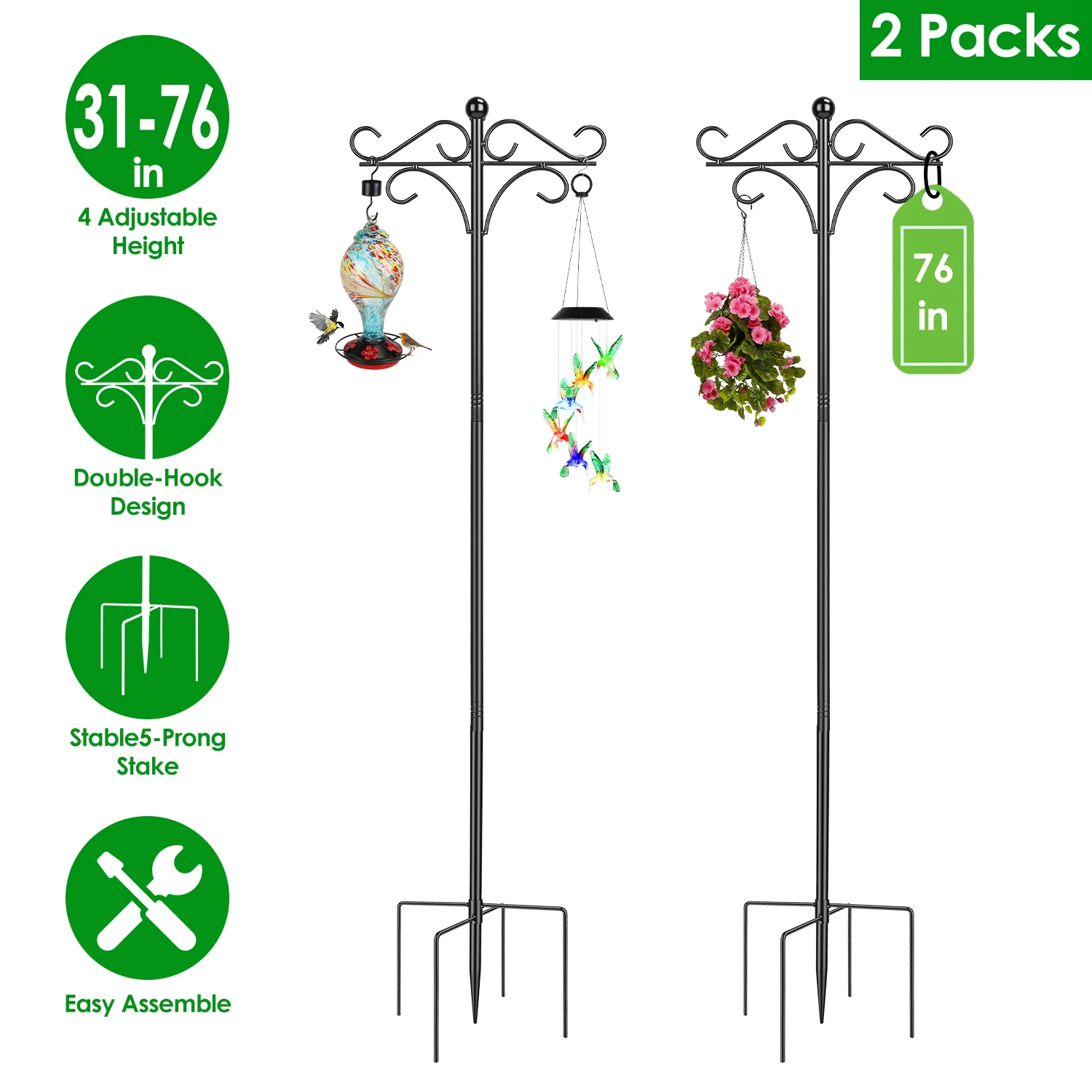Outdoor 5-prong shepherd hook, adjustable iron hanger for wind chimes & flower baskets
