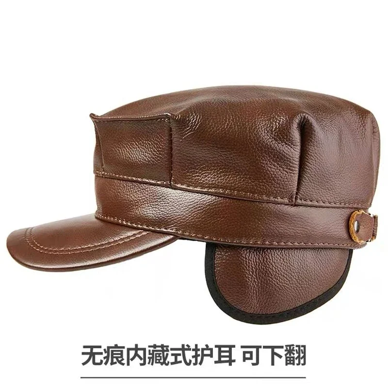 New  wholesale Winter Thermal Genuine Leather Hats Woman Cap Cadet Cap Man Military hat Cowhide Leather Cap