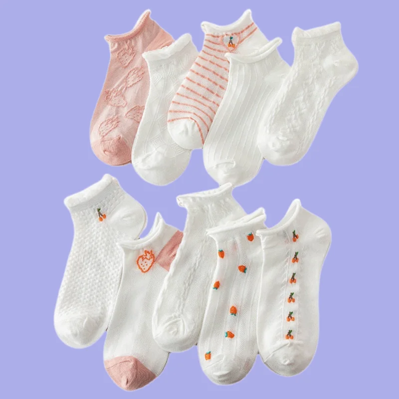 

3/5 Pairs White Women's Breathable Short Socks Summer Thin Cotton Shallow Net Celebrity Short Tube Cute Jk Lace Boat Socks