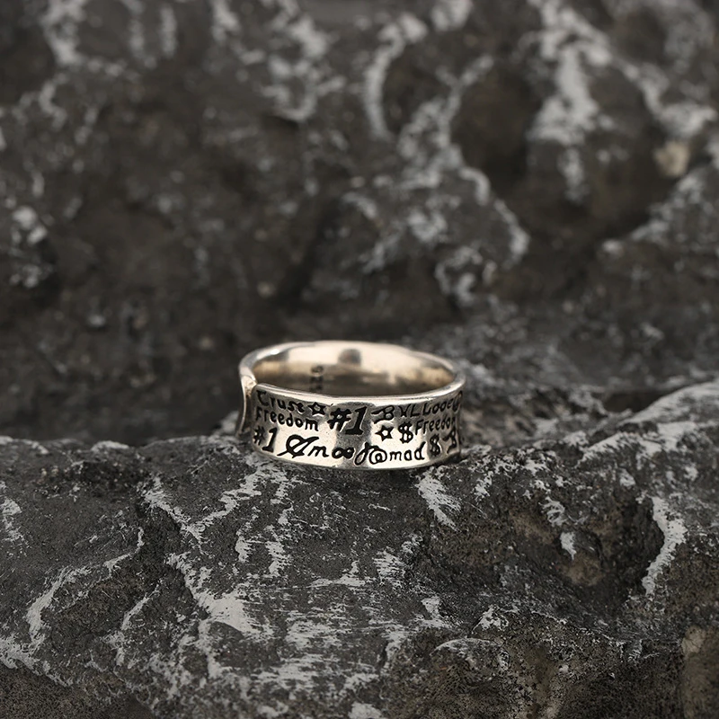 Vintage Graffiti Freedom Text Open Band Ring 316L Stainless Steel Adjustable Punk Street Engraved Statement Men Jewelry