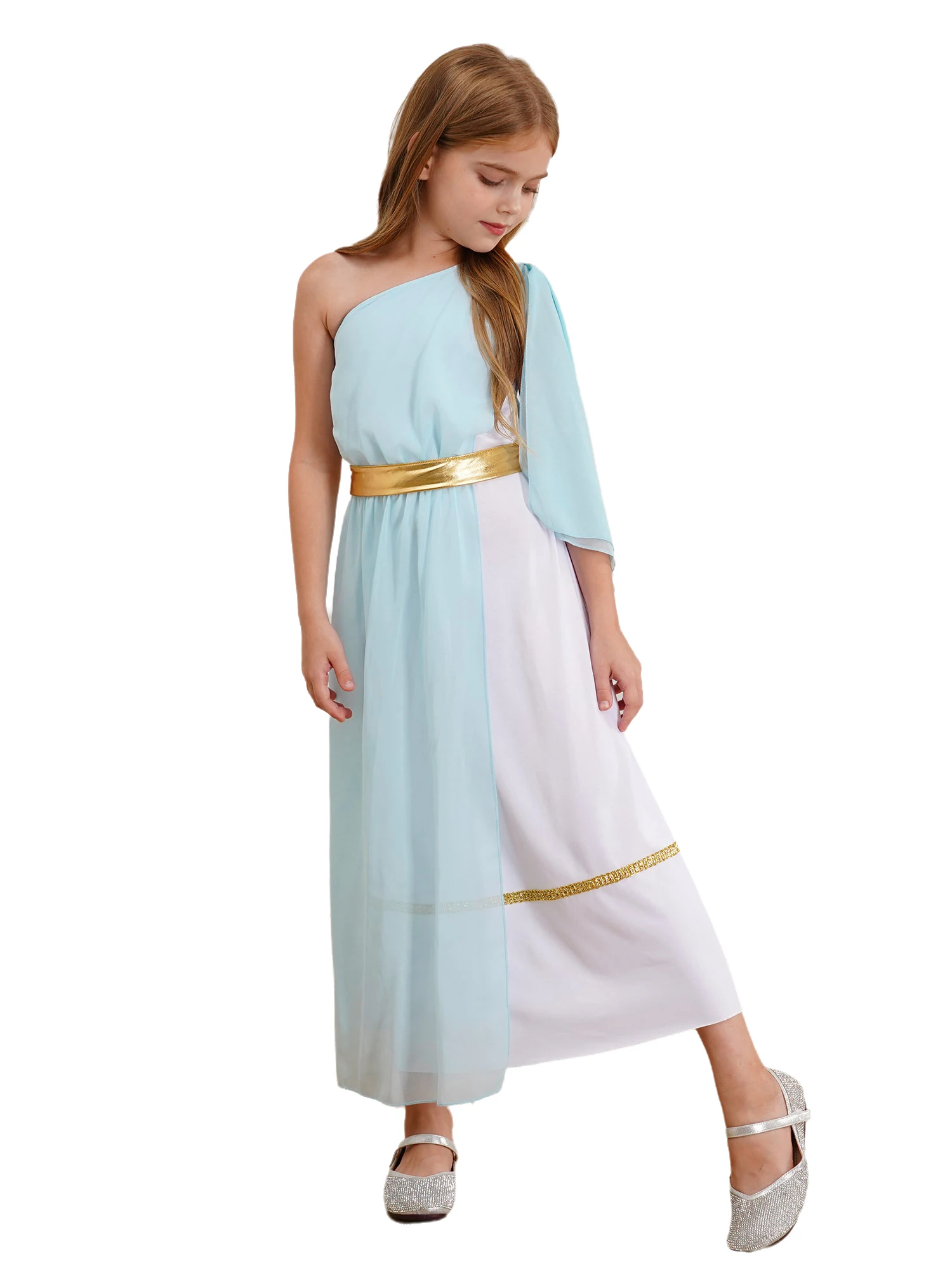 Kids Girls Halloween Ancient Greek Costume Asymmetrical Shoulder Stripes Mult-Color Mesh Patchwork Double Layer Dress