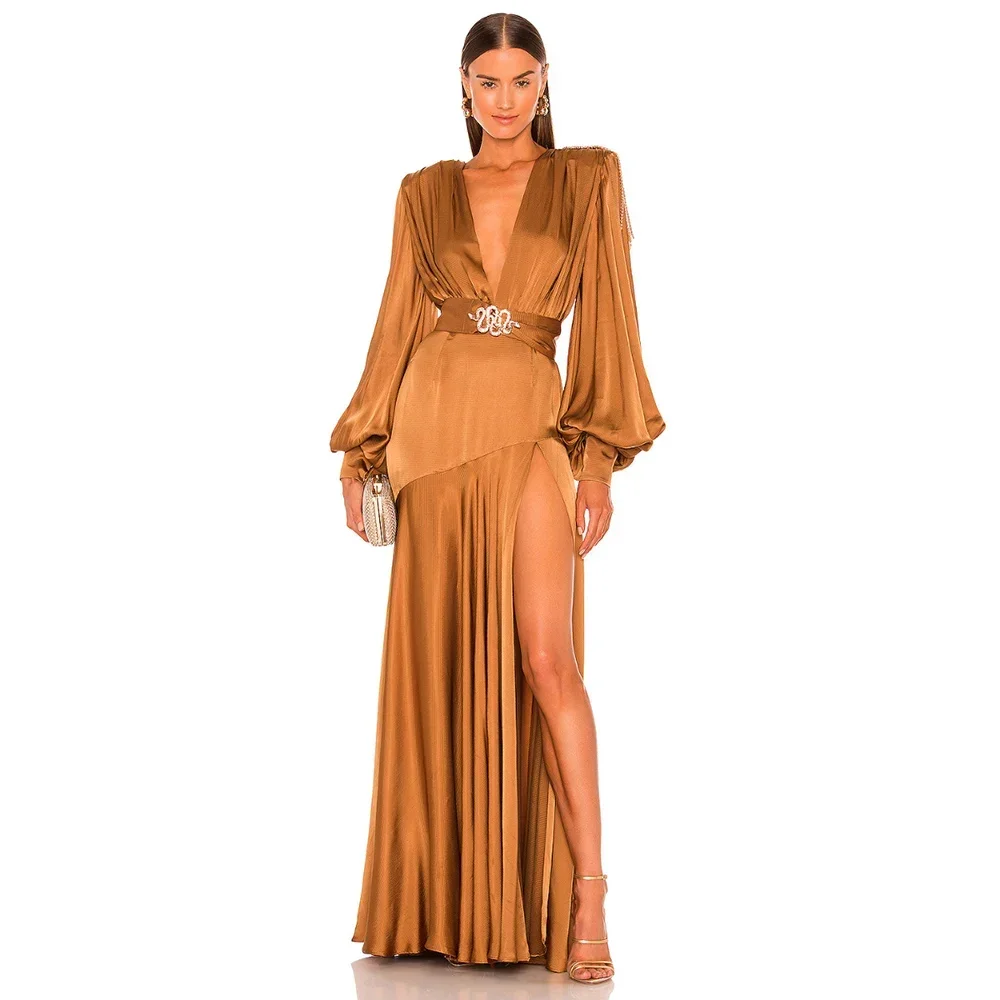 

2024 Fall New Women's High Quality Sexy V-Neck Pleated Lantern Sleeve Long Dress with Belt Elegant Celebrity Party Evening Dress