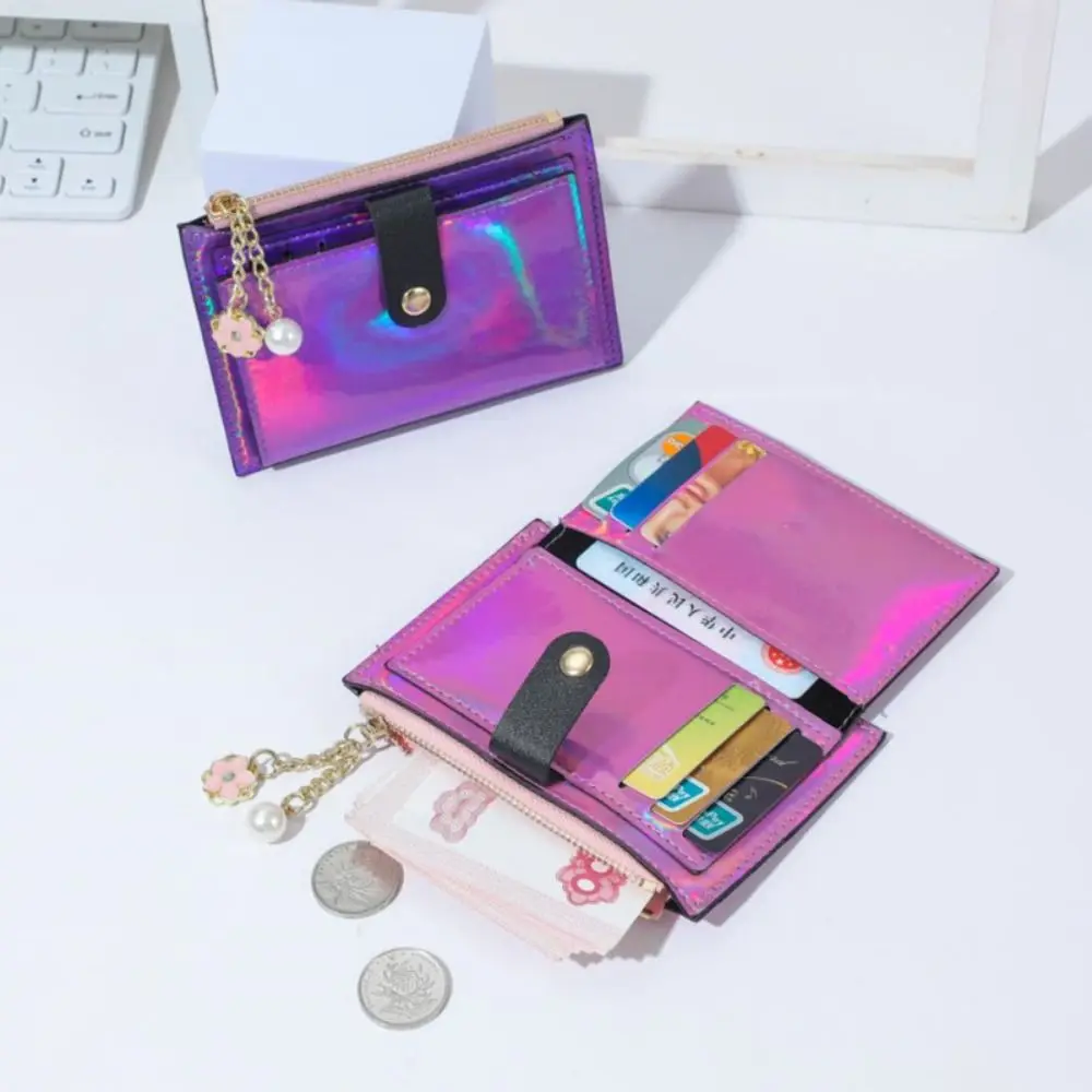 

Bus Card Double Sided Laser Card Holder Multifunctional With Pendant Short Wallet Credit Card Holder PU Leather Coin Purse Men