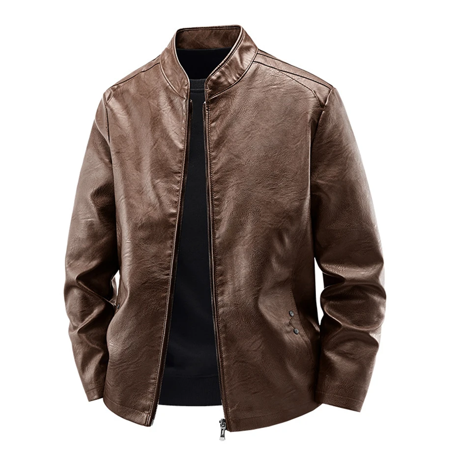 Stand Collar PU Jacket Men Motorcycle Biker Baseball Jacket Coat 5XL Plus Size Fashion Casual Cargo Jacket Male PU Coat Black