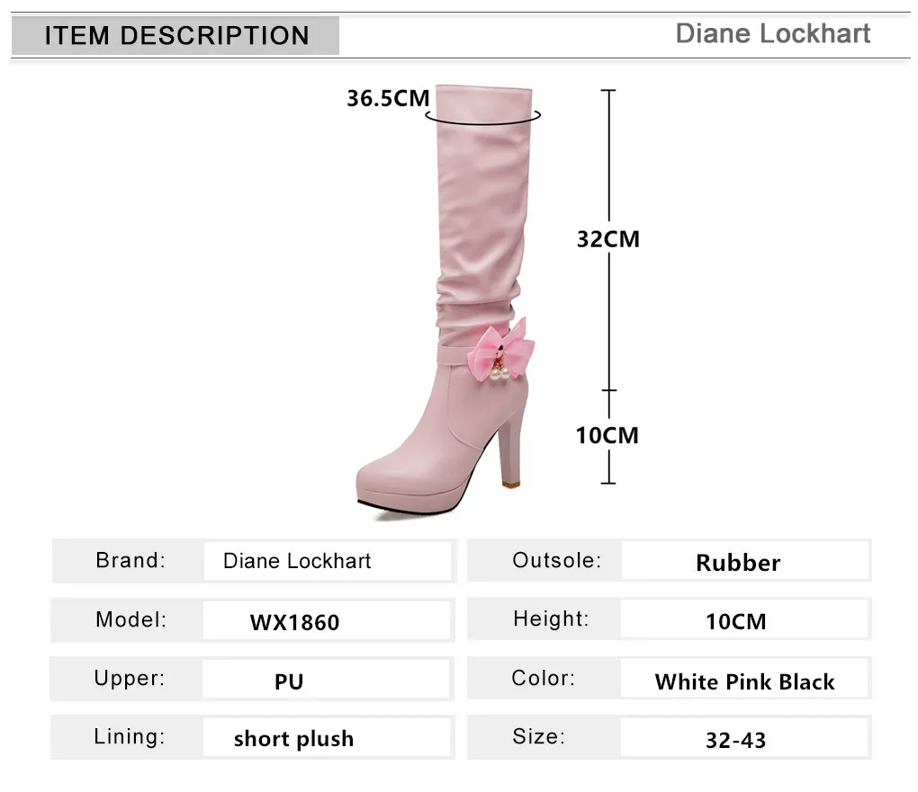 2024 Autumn Winter Zipper Knee High Boots Women Fashion Pink White Stiletto Bow Heel Long Boots Woman Platform Boats Mujer 32-43