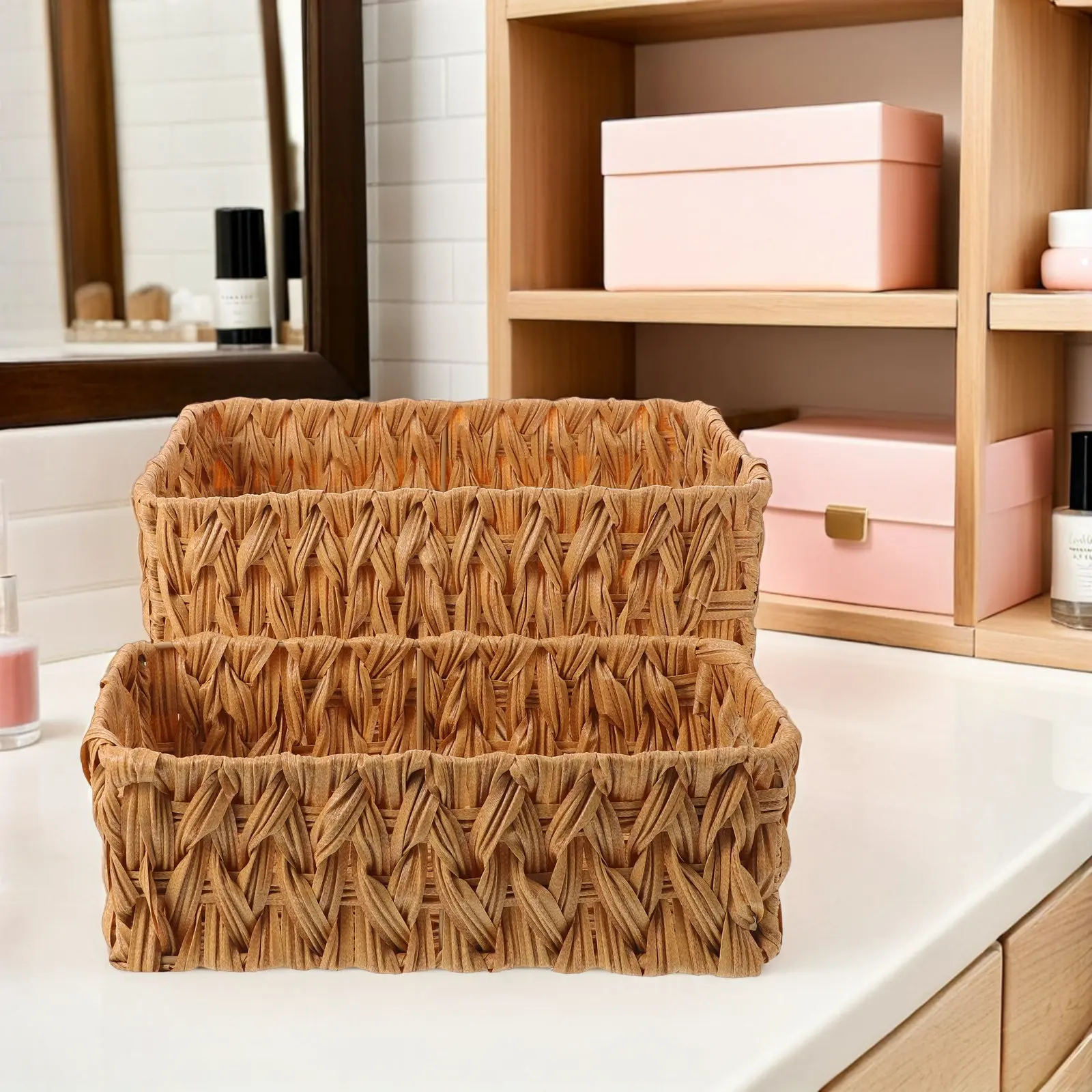 2Pcs Beige Imitation Rattan Woven Storage Baskets 30.8x14.3x10cm Desktop Organizing Basket for Cosmetics Stationery Bathroom